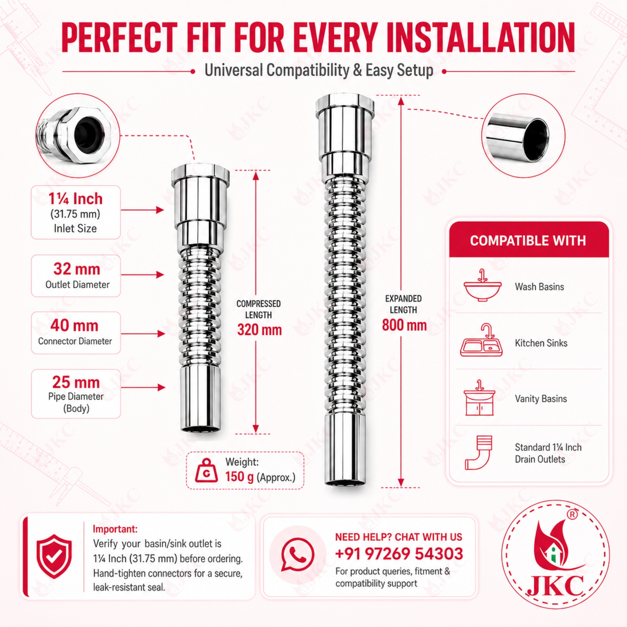 CWP_910 – CP Waste Pipe (2) JKC Flexible Chrome PVC Waste Pipe 1¼ Inch (JKC-CWP_910 CP)