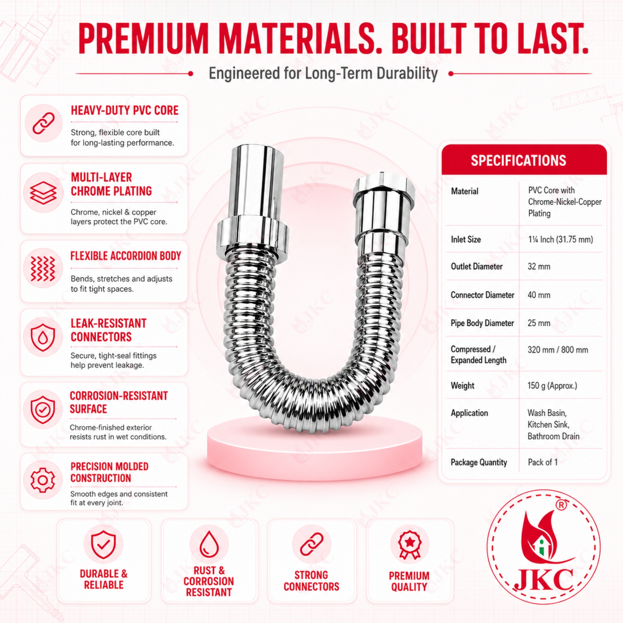CWP_910 – CP Waste Pipe (3) JKC Flexible Chrome PVC Waste Pipe 1¼ Inch (JKC-CWP_910 CP)
