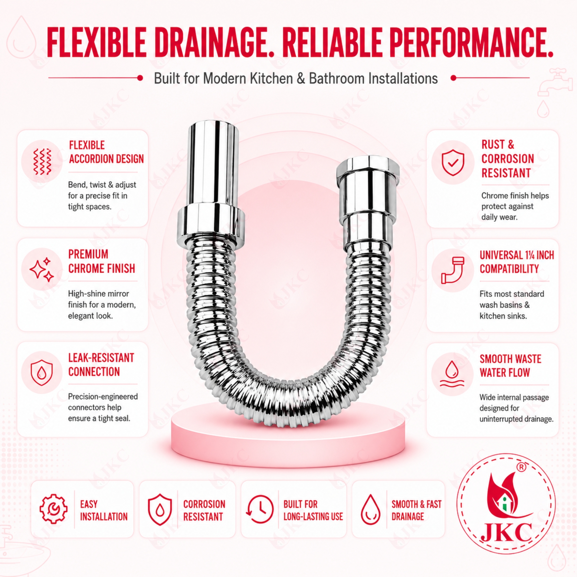 CWP_910 – CP Waste Pipe (4) JKC Flexible Chrome PVC Waste Pipe 1¼ Inch (JKC-CWP_910 CP)