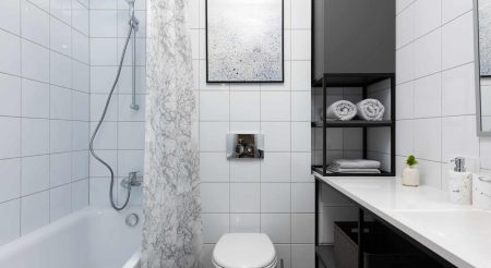 bathroom interior with toilet near bathtub with shower near cupboard