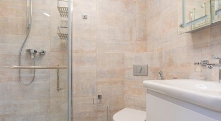 a ceramic sink near the shower room with glass door