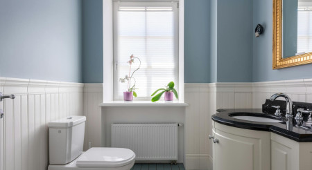 interior of a comfort room with wood panels